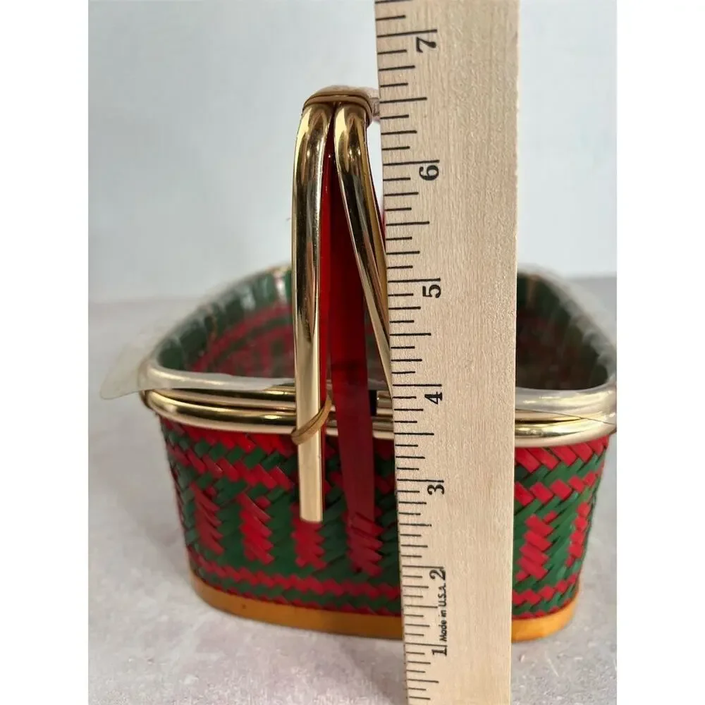 Vintage Red & Green Woven Basket with‎ Handle Country Style Small planter